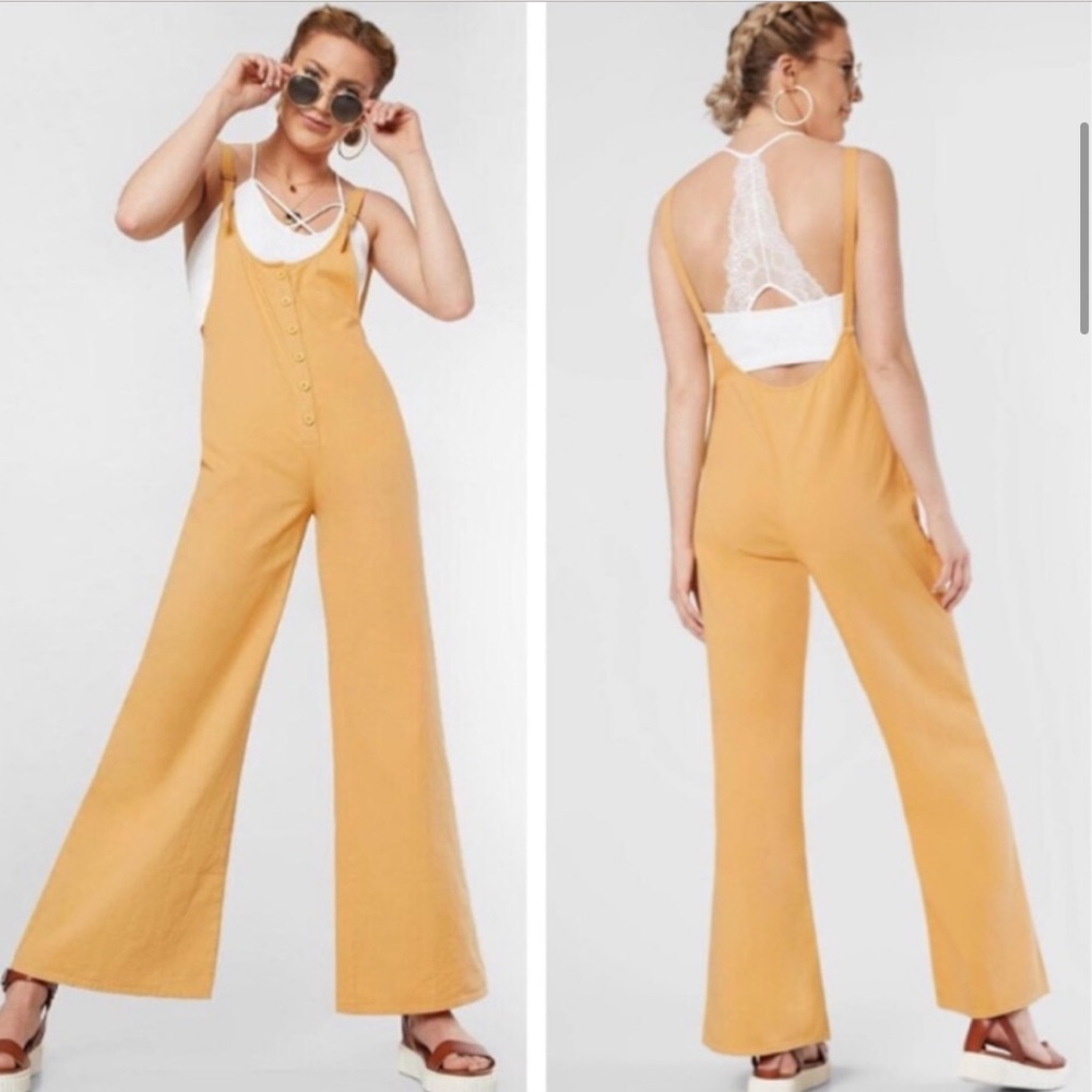 Amuse Society Betina Wide Leg Button Front Yellow Denim Jumpsuit Overalls Sz XS